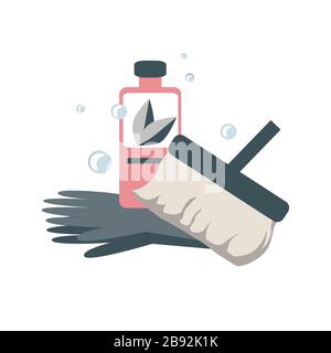 Spring home cleaning concept. Vector icon illustration with mop, gloves, and detergent. Stock Vector