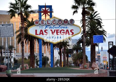 Las Vegas, Nevada, USA. 23rd Mar, 2020. The area in front of the Welcome to Fabulous Las Vegas sign, where tourists often line up to take photos, is shown empty as most businesses in the area are closed as a result of the statewide shutdown due to the continuing spread of the coronavirus across the United States on March 23, 2020 in Las Vegas, Nevada. Nevada Gov. Steve Sisolak ordered a mandatory shutdown of nonessential businesses in the state until April 16 to help combat the spread of the virus. The World Health Organization declared the coronavirus (COVID-19) a global pandemic on March Stock Photo