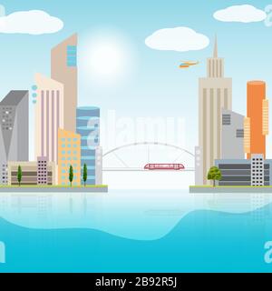Urban cityscape with colorful buildings and city transportation Stock Vector