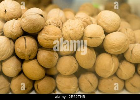 Selective focus. Walnuts behind glass in a container. A lot of ripe walnuts Stock Photo