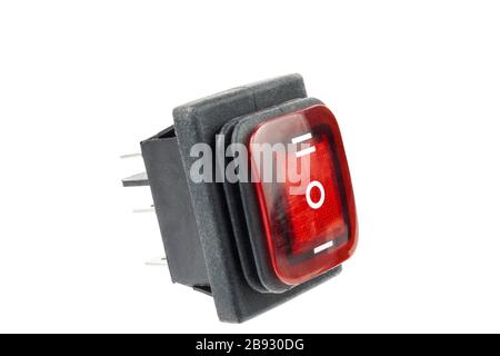 three-position electronic switch with red backlight on a white background, isolate Stock Photo