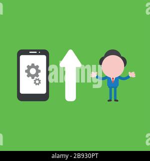 Vector illustration of businessman character with gears inside smartphone icon and arrow pointing up meaning improve performance. Stock Vector