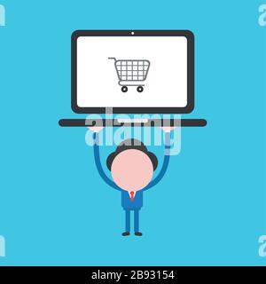 Vector illustration of businessman character holding up laptop computer with shopping cart. Stock Vector