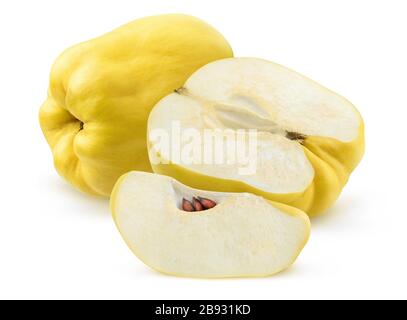 Isolated quince fruits. Cut fresh quinces isolated on white background with clipping path Stock Photo