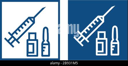 Icon with a drawn medical syringe, ampoule and vial. Means for the treatment of diseases. Two square options. Vector isolated illustration. Stock Vector