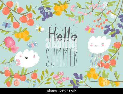 Frame of sweet fruits growing on branch. Hello summer Stock Vector