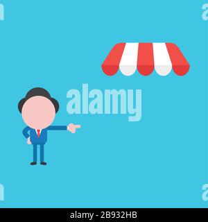 Vector illustration of businessman character pointing shop store awning. Stock Vector