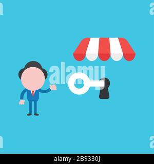 Vector illustration of businessman character showing unlock shop store with key. Stock Vector
