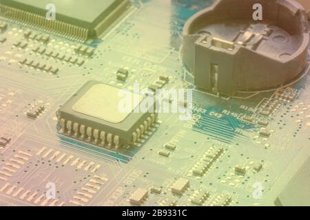 Electronic circuit board. Toned image. Semiconductors Electronic Technology Stock Photo