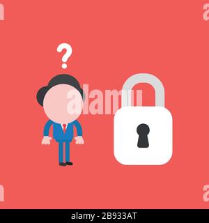 Vector illustration of businessman character confused with question mark and looking to closed padlock. Stock Vector