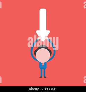 Vector illustration of businessman character holding up arrow pointing down. Stock Vector