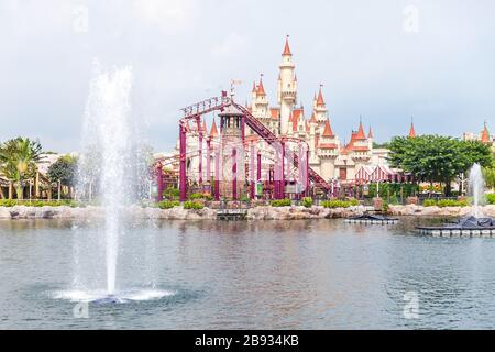 Castle, Lake, Slides and Fountains in Universal Studios Singapore Stock Photo