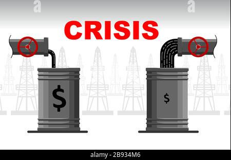 oil crisis concept. Decrease or increase in oil and hydrocarbon production. Expensive or cheap oil. Petroleum pours into a barrel from a pipe. Big and Stock Vector