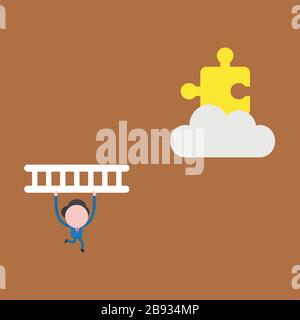Vector illustration of businessman character running and carrying wooden ladder to climb and reach missing puzzle piece on cloud. Stock Vector