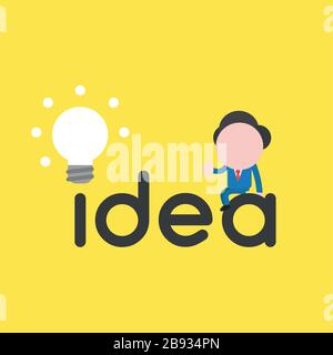 Vector illustration of businessman character sitting on idea word with glowing light bulb icon and giving thumbs up. Stock Vector