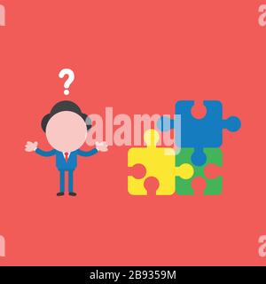 Vector illustration of businessman character confused with question mark and three puzzle pieces connected and one of piece is missing. Stock Vector