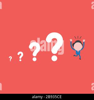 Vector illustration of businessman character running away from question marks, problems growing. Stock Vector
