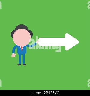 Vector illustration of businessman character holding arrow pointing right. Stock Vector
