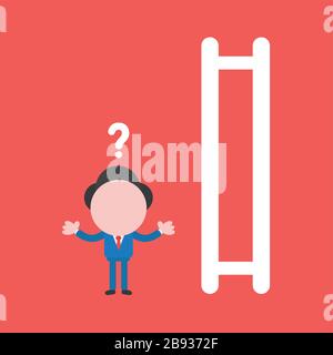Vector illustration of confused businessman character and wooden ladder icon with missing steps. Stock Vector