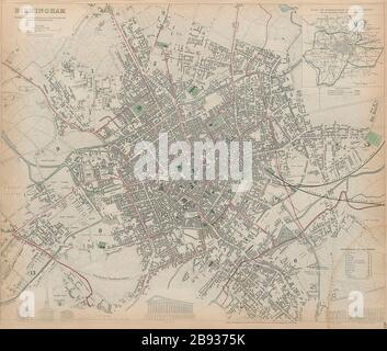 BIRMINGHAM antique town city map plan. Inset environs of Birmingham ...