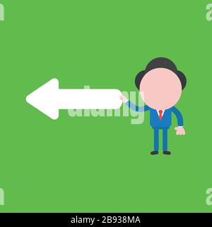 Vector illustration of businessman character holding arrow pointing left. Stock Vector