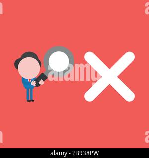 Vector illustration of businessman character holding magnifying glass and looking, analyzing x mark. Stock Vector
