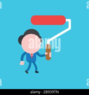 Vector illustration of businessman character walking and holding paint roller brush. Stock Vector