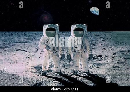Two astronauts on the moon, with planet earth in the background. Elements of this image were furnished by NASA. Stock Photo