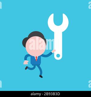 Vector illustration of businessman character running and holding spanner. Stock Vector