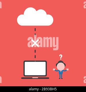 Vector illustration of businessman character confused with connection problem between cloud storage and laptop computer icon. Stock Vector