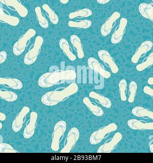 Flip flop shoe on beach seamless vector pattern background. Pretty sandals with tropical flower decoration blue oceanside backdrop. Hot summer all Stock Vector