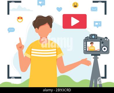 Video blogger recording video with camera. Different social media icons. Cute vector illustration in flat style Stock Vector