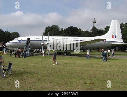 'English: Ex-RAF Transport Command Bristol Britannia ‘’Regulus‘’ (RAF serial XM496) is being restored by the Bristol Britannia Preservation Society at Kemble Airport, Gloucestershire, England. Built in Belfast, Northern Ireland, first flight 24th August 1960, delivered to the RAF 17th September 1960, withdrawn from RAF service 27th October 1975.  The aircraft was then used by several airlines until being brought to Kemble and painted in RAF colours. The aircraft will be preserved as a ground exhibit, there are no plans to ever fly it.; September 2007 at Kemble Open Day,; Own work; Adrian Pings