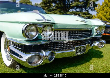 Close up of the front of a classic 1959 Cadillac coupe de Ville with its highly decorated radiator grille Stock Photo