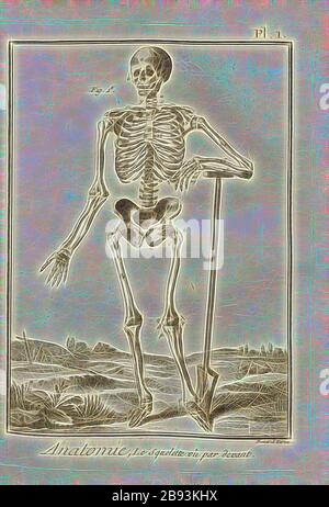 A human skeleton, seen from the front, resting the bones of his lower left  arm on a spade handle. Engraving by D. M. Bonaveri, ca. 1685/1690 after a  woodcut, 1543.