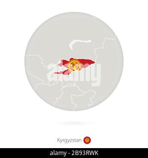 Map of Kyrgyzstan and national flag in a circle. Kyrgyzstan map contour with flag. Vector Illustration. Stock Vector