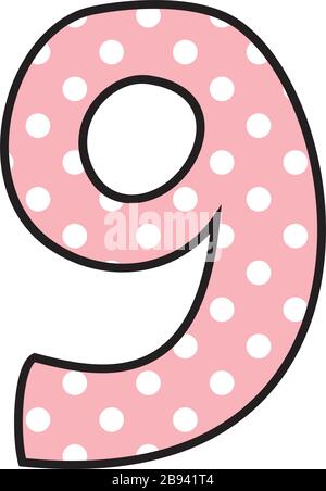 Number 9 with white polka dots on pink, vector illustration isolated on white background Stock Vector