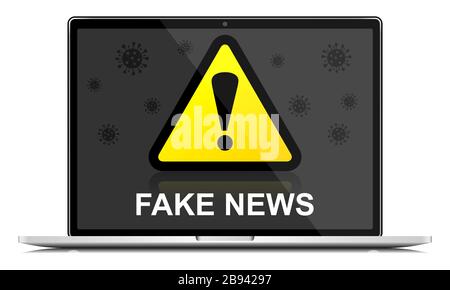 Fake news warning sign on laptop screen, coronavirus covid-19 concpet vector illustration Stock Vector