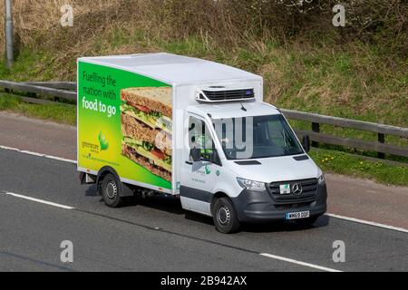 'Food to go' Greencore UK's largest sandwich maker; Mercedes-Benz Sprinter 314 CDI Auto vehicle fridge trailers, refrigerated food transport van driving on the m6 motorway, UK Stock Photo