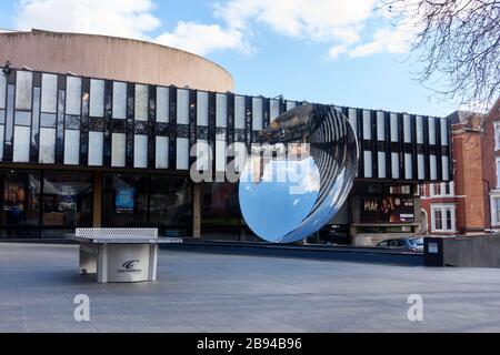 The Sky Mirror Nottingham a public sculpture by Anish Kapoor outside the Playhouse Theatre in Wellington Circus. A six metre wide concave dish Stock Photo