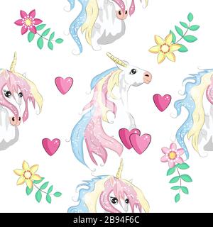 Seamless pattern with trendy cartoon patches. Unicorns, rainbows and hearts. Stock Vector