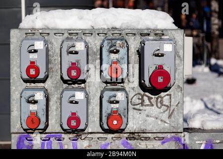 Umea, Norrland Sweden - March 14, 2020: several different electrical outlets with three phase for traders Stock Photo