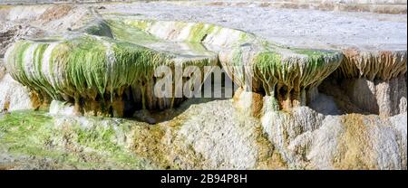 Elevated view photograph of geothermal activity produced thermal spring waters in Egerszalok, Hungary, that sit within colorful textured, terraced lim Stock Photo