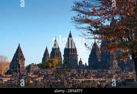 Prambanan Temple  a UNESCO world heritage site  at sunset. Built in the 10th century, largest temple compound dedicated to Shiva Indonesia. Stock Photo