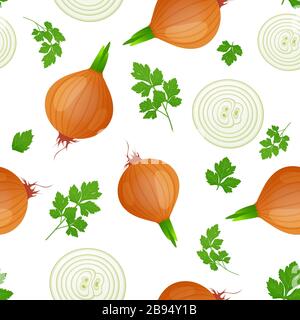Onion bulb with green sprout and slice isolated on white background. Ripe onion with parsley leaves. Vector illustration. Seamless pattern. Stock Vector