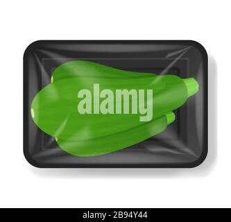 Zucchini in plastic tray container with cellophane cover. Mockup template for your design. Plastic food container. Vector illustration. Stock Vector