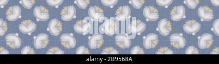 French blue damask shabby chic floral linen vector texture border background. Pretty leaf flower banner seamless pattern. Hand drawn leaves interior Stock Vector