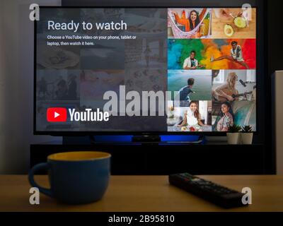 UK, March 2020: TV Television Youtube app online Stock Photo