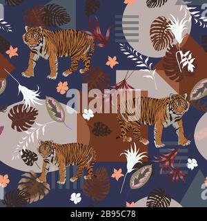Seamless geometrical vector pattern with sumatrian tiger, leaves, flowers Stock Vector