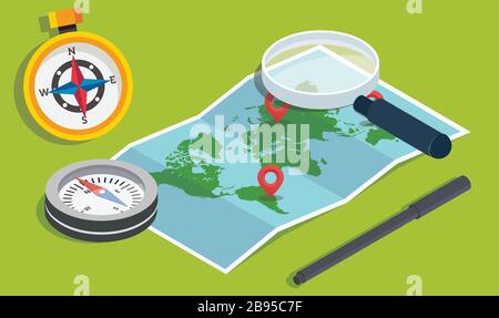 magnify glass, compass to find a world map Stock Vector
